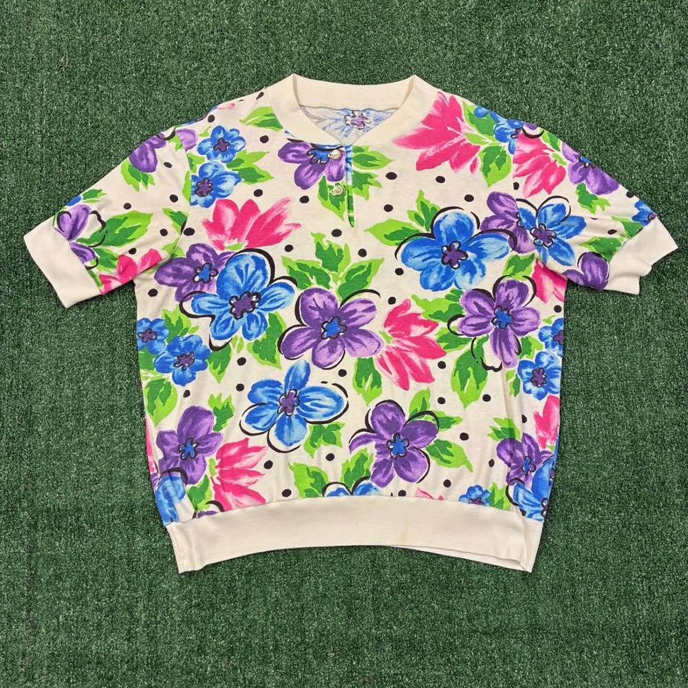 Vintage Floral Polka Dot Short Sleeve Henley‎ Sweatshirt Top
